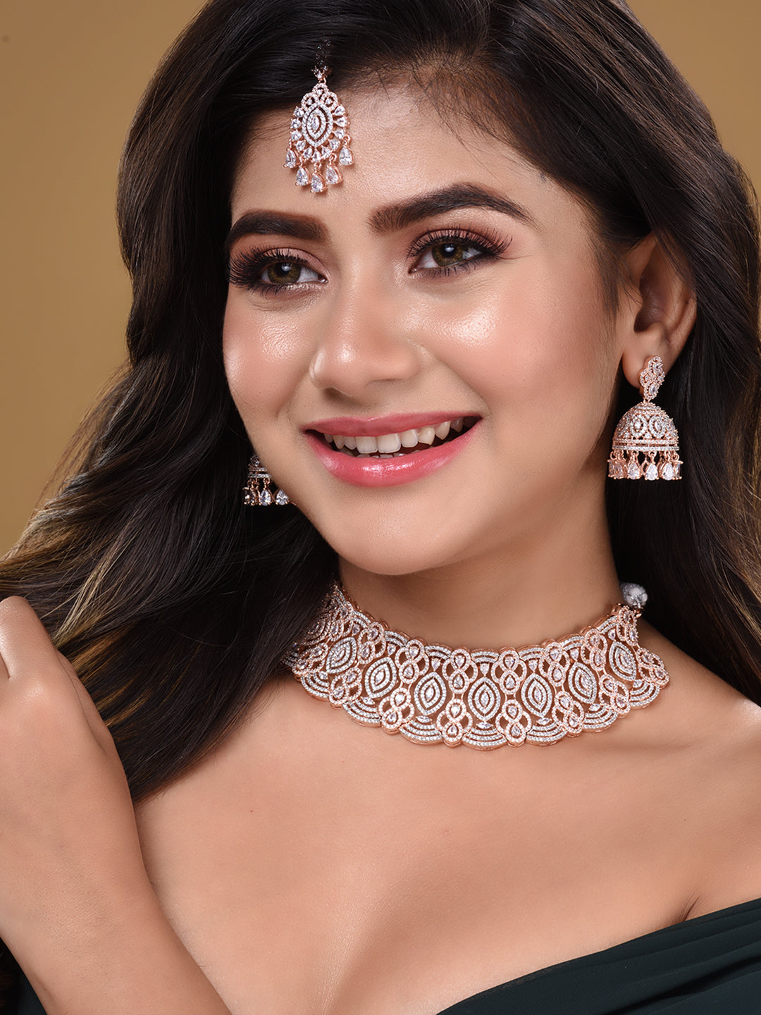 Rose Gold Plated White AD Studded Heavy Choker Jewellery Set, zaveri pearls, sale price rs, sale price, sale gold plated, sale gold, sale, rubans, ring, regular price, priyassi jewellery, kus